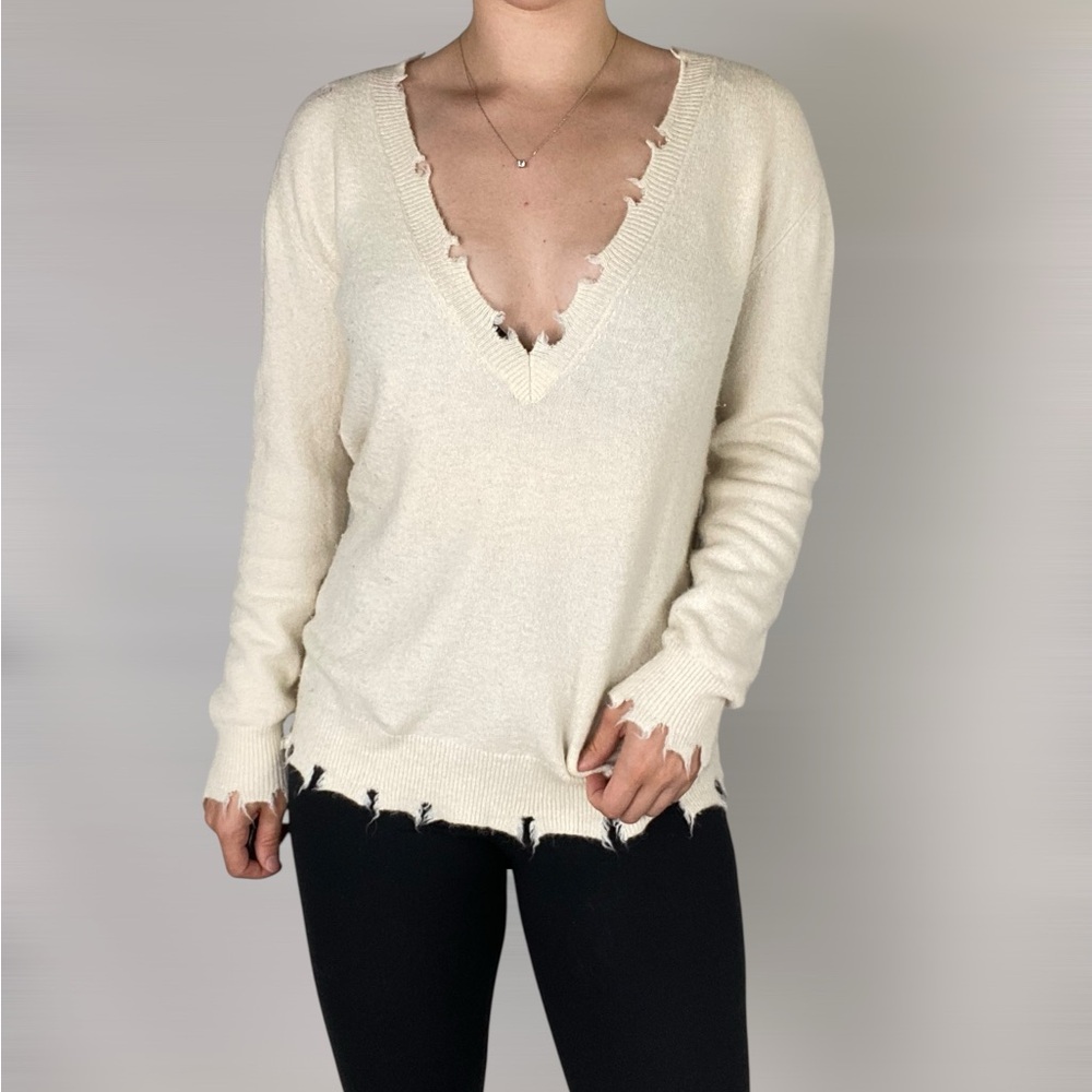 IRO. JEANS Belen‎ V Neck Sweater Alpaca Wool Blend Cream Distressed